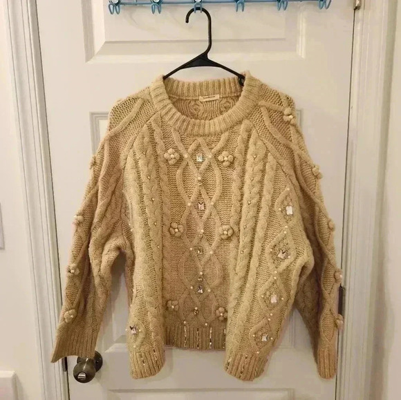 Sunday Up Light Brown Tan Size L Pullover Floral Embroidery Knit Sweater - Picture 1 of 9